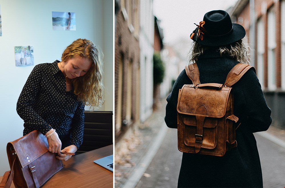 Links: Yvonne demonstreert haar tassen Links: Yvonne demonstreert haar tassen